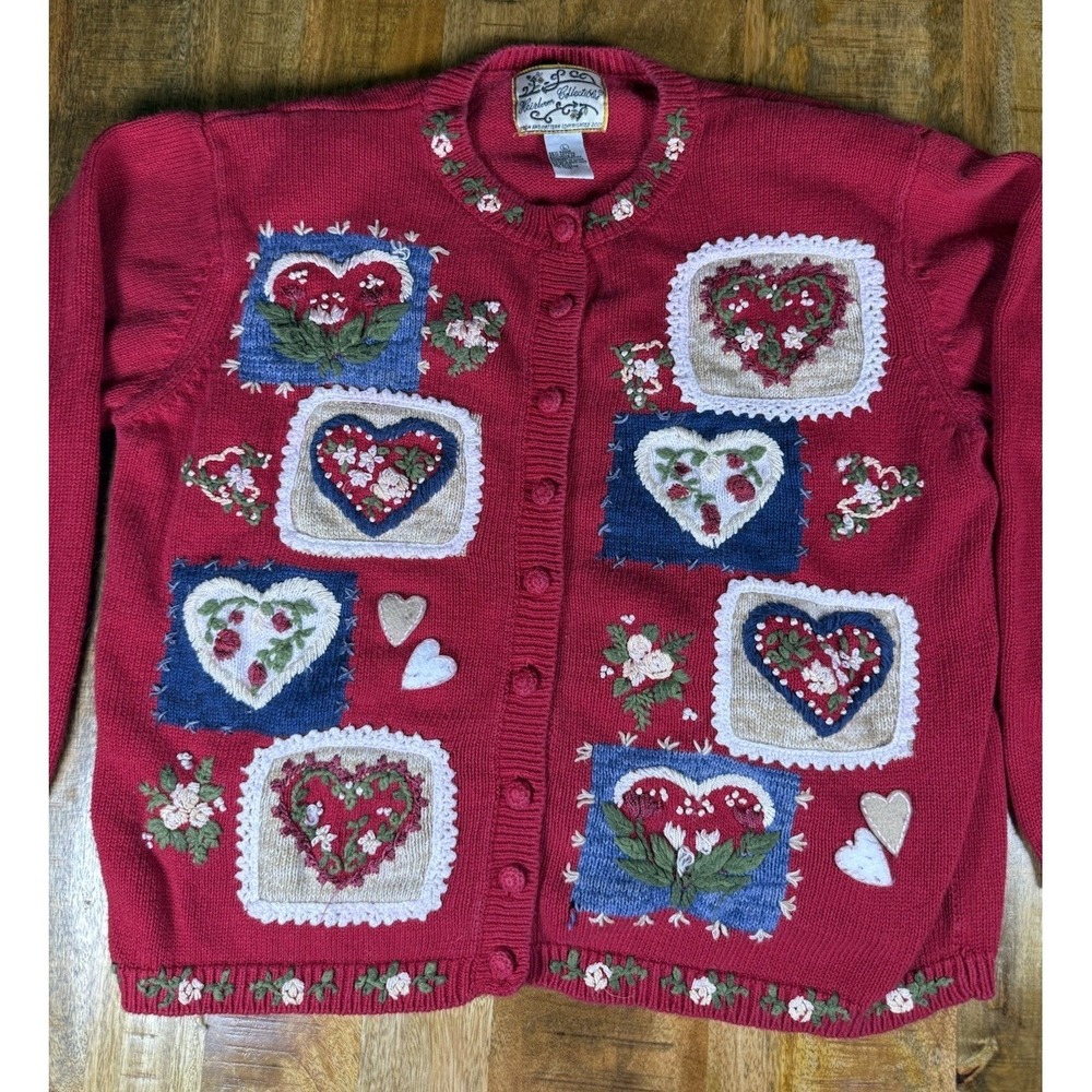 VTG Heirloom Collectibles Heart Patchwork Floral Ramie Cardigan Sweater L